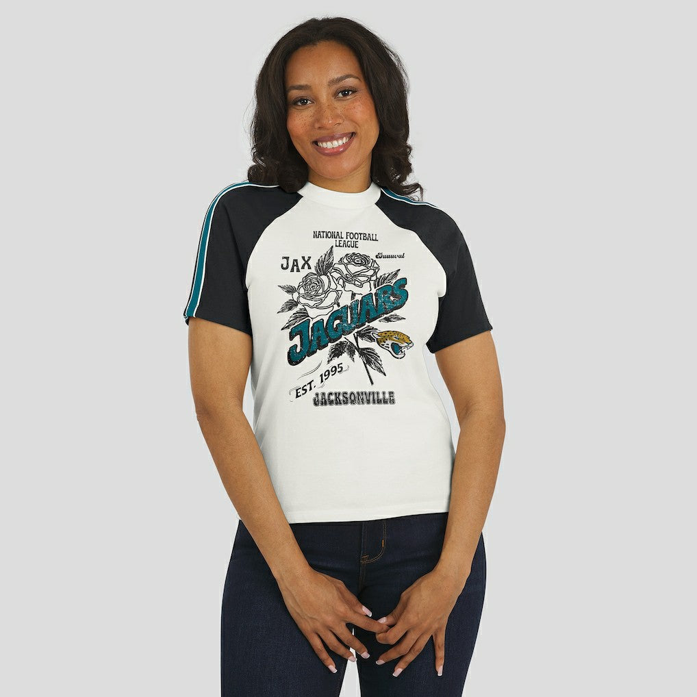 Jacksonville Jaguars WEAR by Erin Andrews Women's Sleeve Stripe Distressed Raglan T-Shirt | NFL Sale