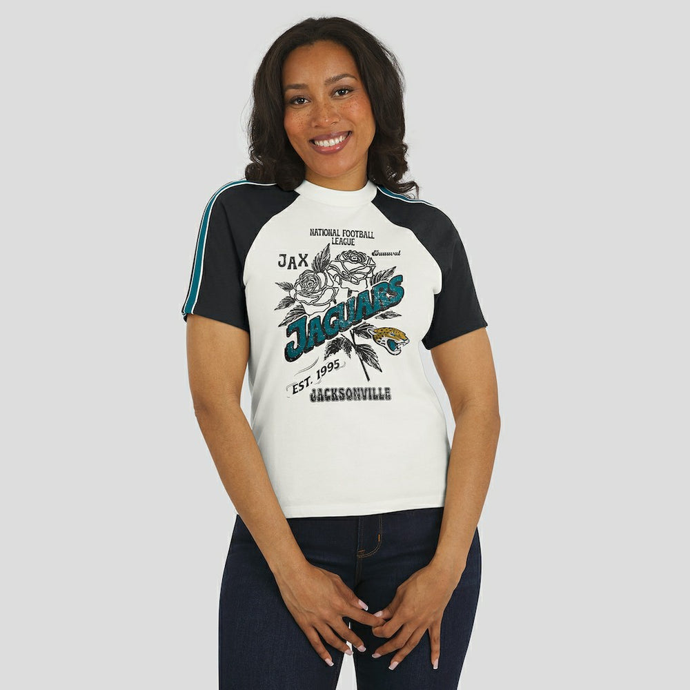 Jacksonville Jaguars WEAR by Erin Andrews Women's Sleeve Stripe Distressed Raglan T-Shirt | NFL Sale