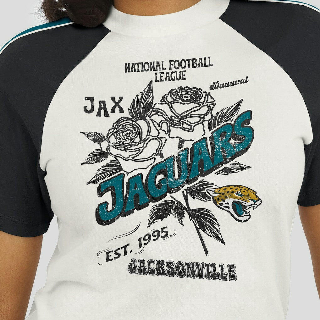 Jacksonville Jaguars WEAR by Erin Andrews Women's Sleeve Stripe Distressed Raglan T-Shirt | NFL Sale