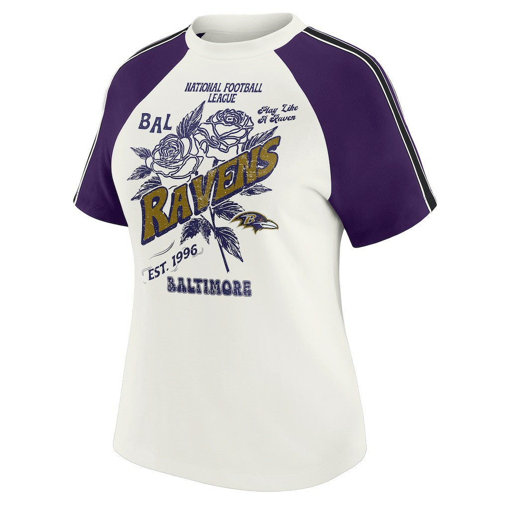 Baltimore Ravens WEAR by Erin Andrews Women's Sleeve Stripe Distressed Raglan T-Shirt | NFL On sale