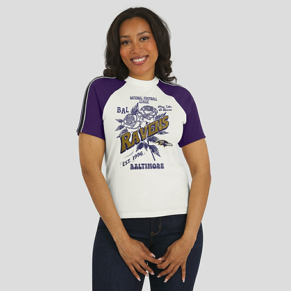 Baltimore Ravens WEAR by Erin Andrews Women's Sleeve Stripe Distressed Raglan T-Shirt | NFL On sale