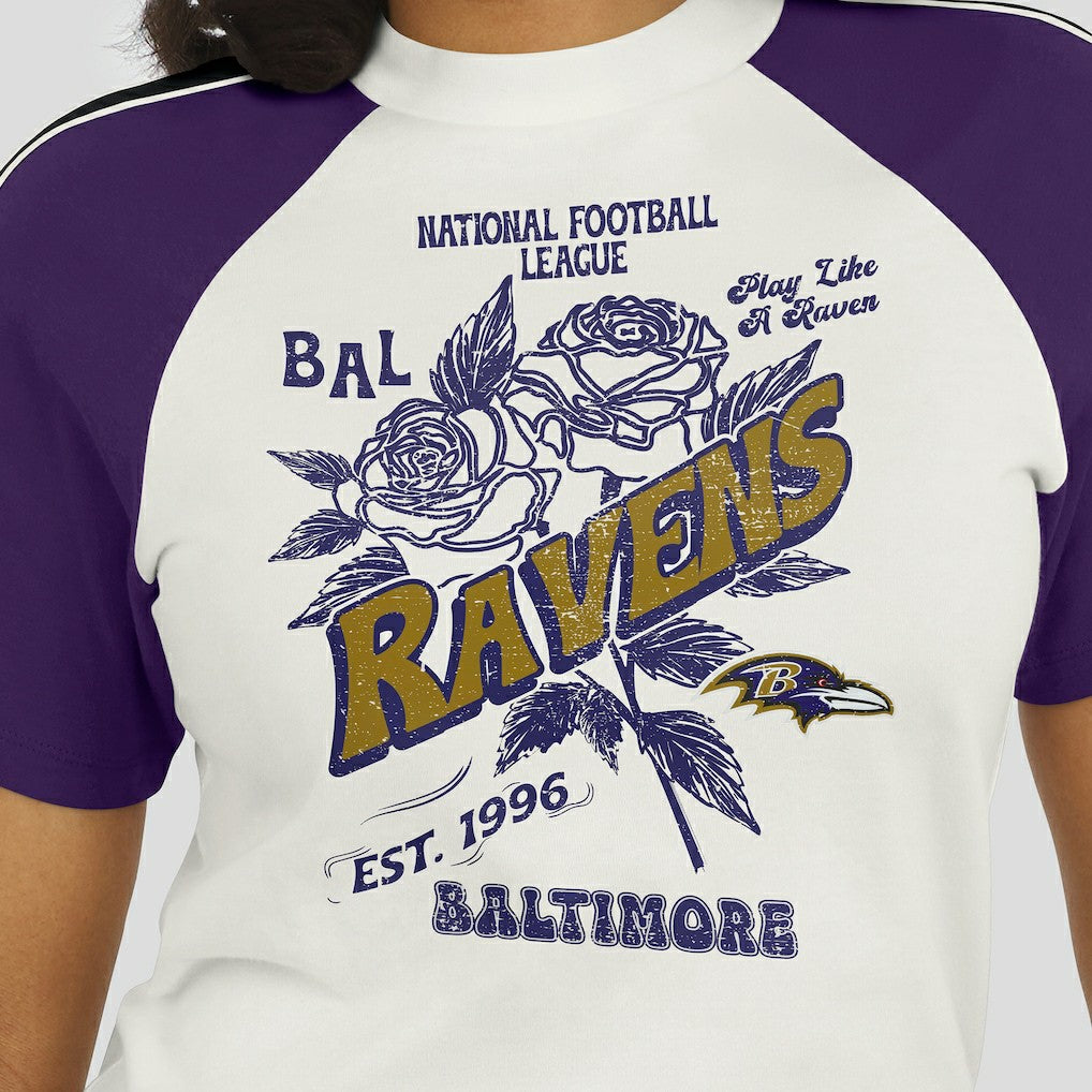Baltimore Ravens WEAR by Erin Andrews Women's Sleeve Stripe Distressed Raglan T-Shirt | NFL On sale