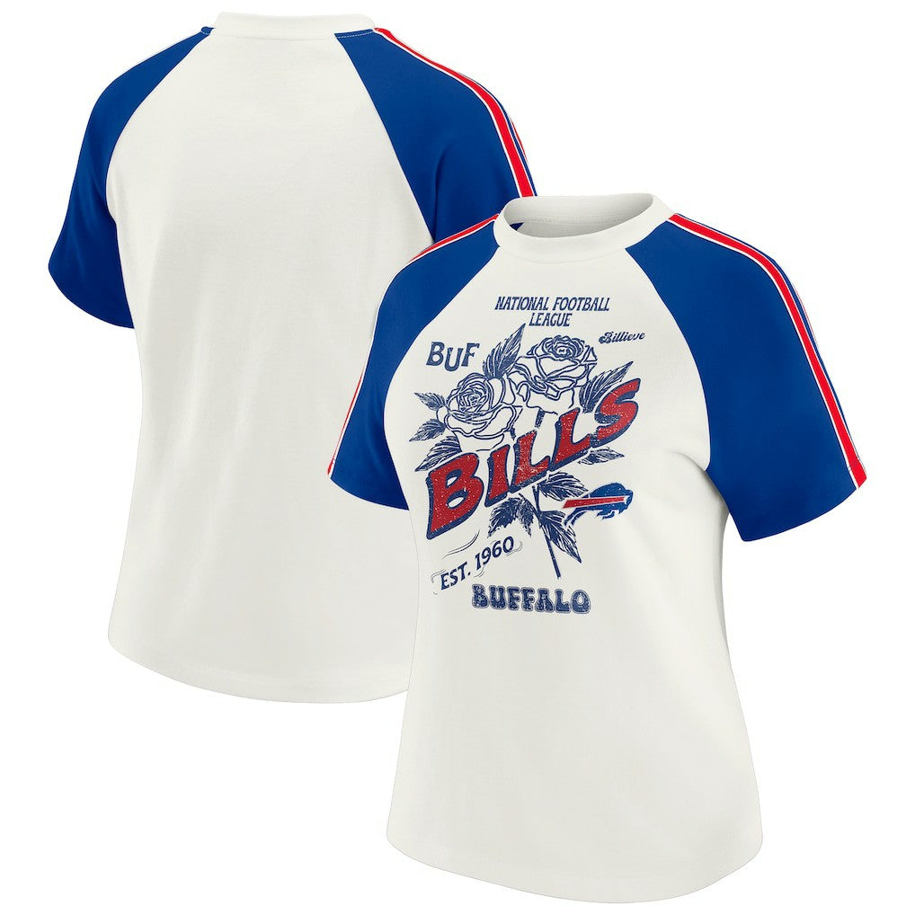 Buffalo Bills WEAR by Erin Andrews Women's Sleeve Stripe Distressed Raglan T-Shirt | NFL Hot