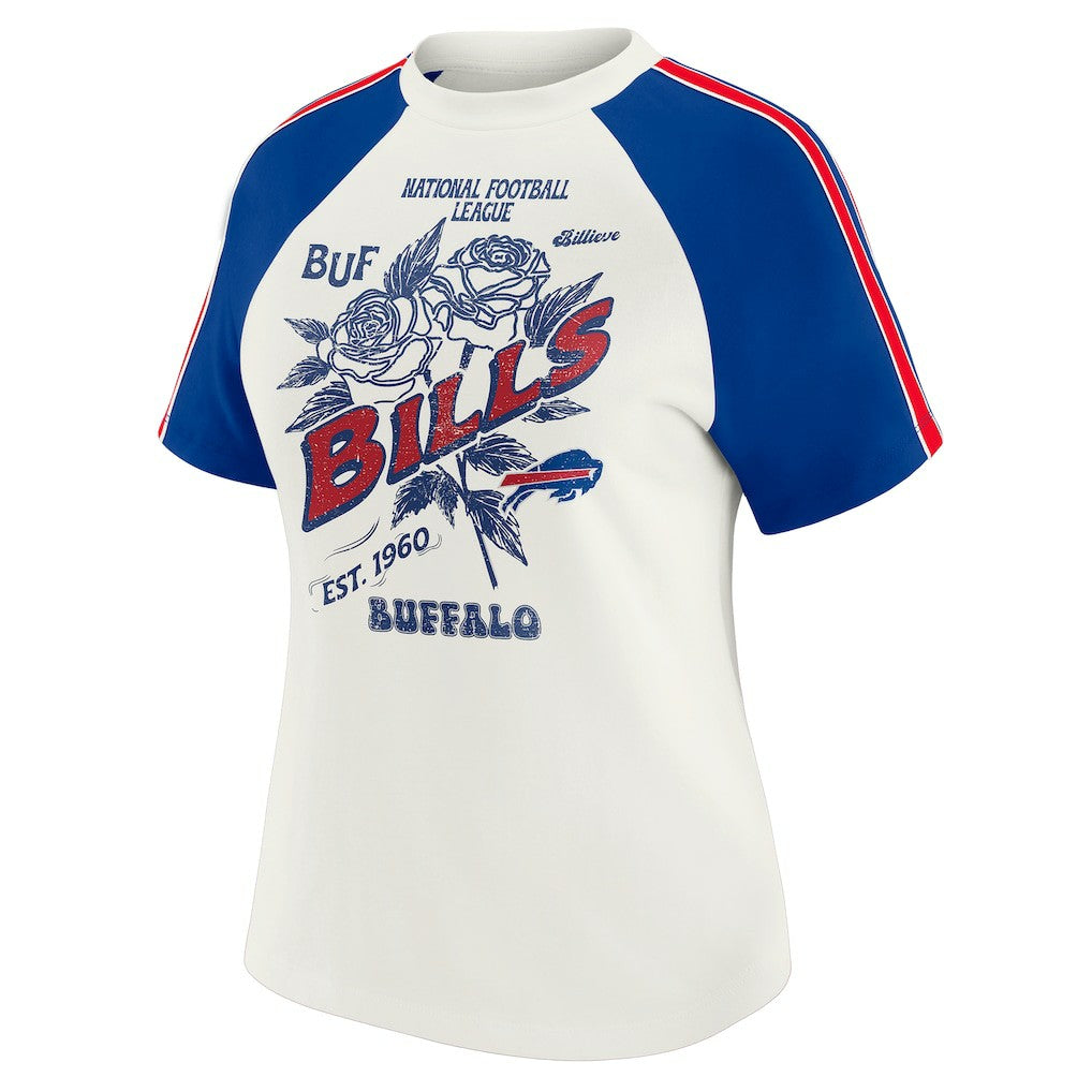 Buffalo Bills WEAR by Erin Andrews Women's Sleeve Stripe Distressed Raglan T-Shirt | NFL Hot