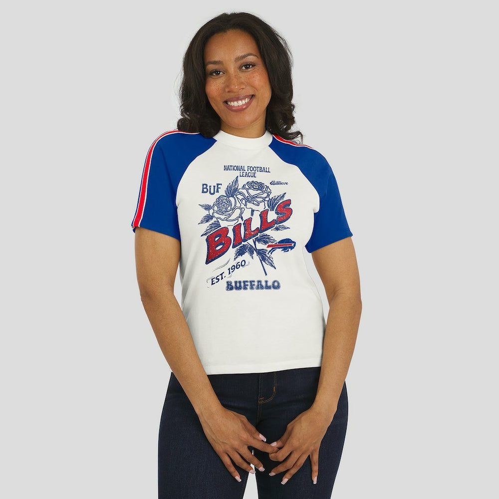 Buffalo Bills WEAR by Erin Andrews Women's Sleeve Stripe Distressed Raglan T-Shirt | NFL Hot