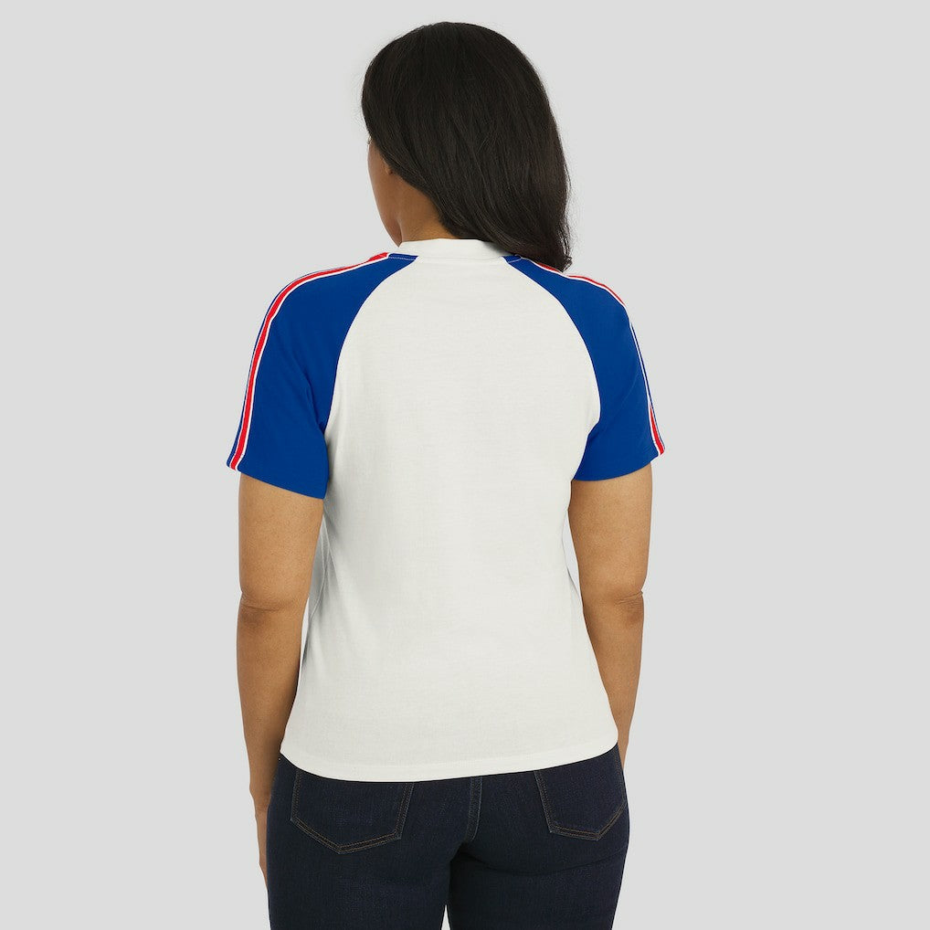 Buffalo Bills WEAR by Erin Andrews Women's Sleeve Stripe Distressed Raglan T-Shirt | NFL Hot