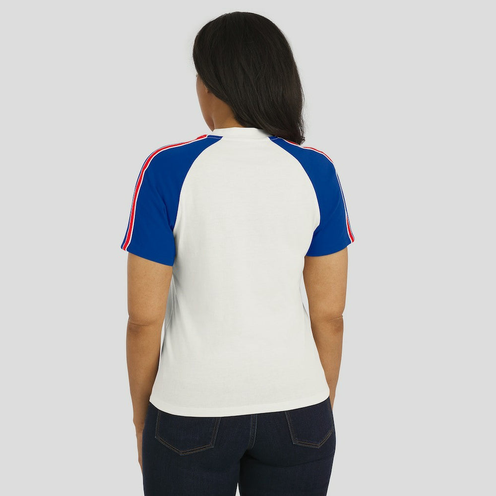 Buffalo Bills WEAR by Erin Andrews Women's Sleeve Stripe Distressed Raglan T-Shirt | NFL Hot