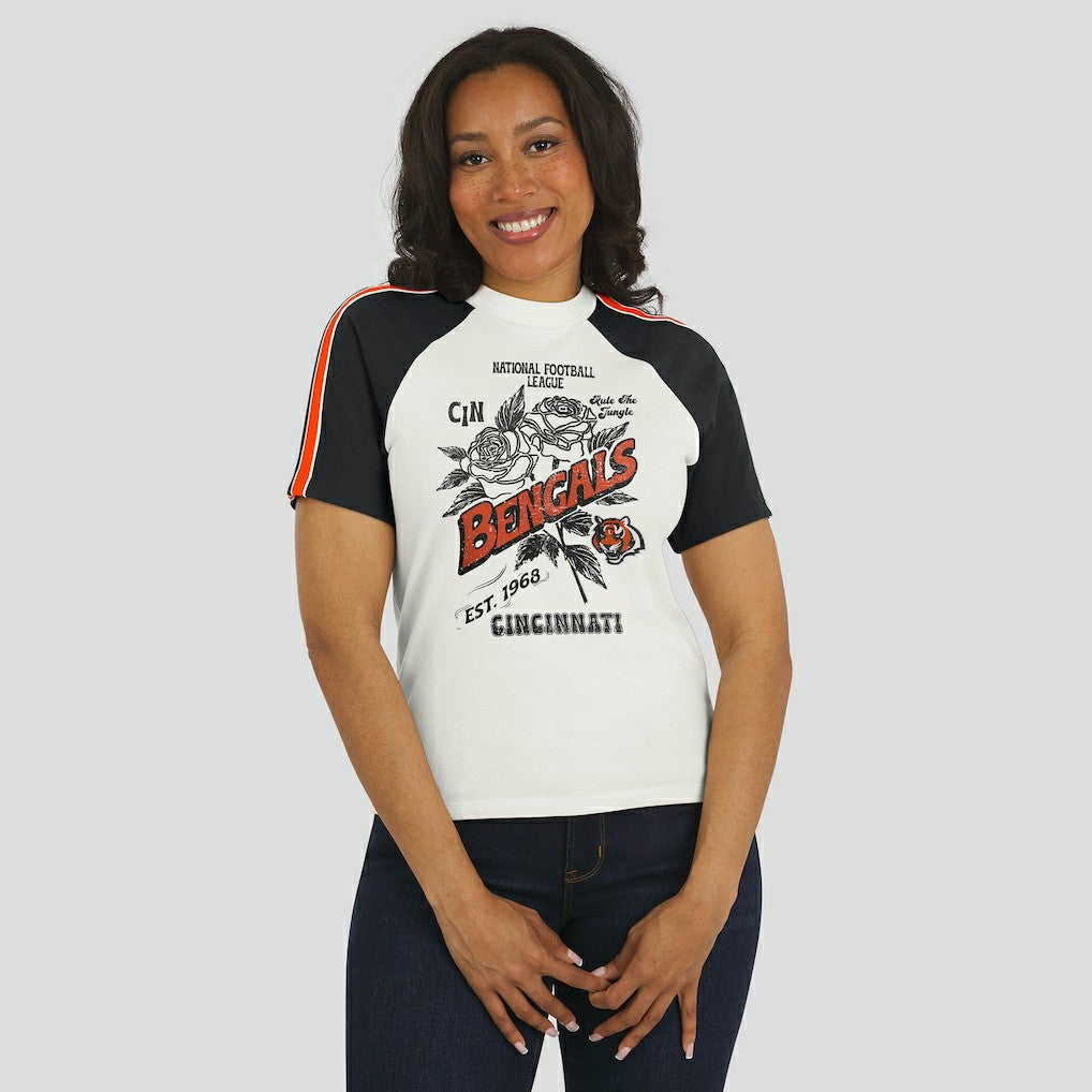 Cincinnati Bengals WEAR by Erin Andrews Women's Sleeve Stripe Distressed Raglan T-Shirt | NFL Sale