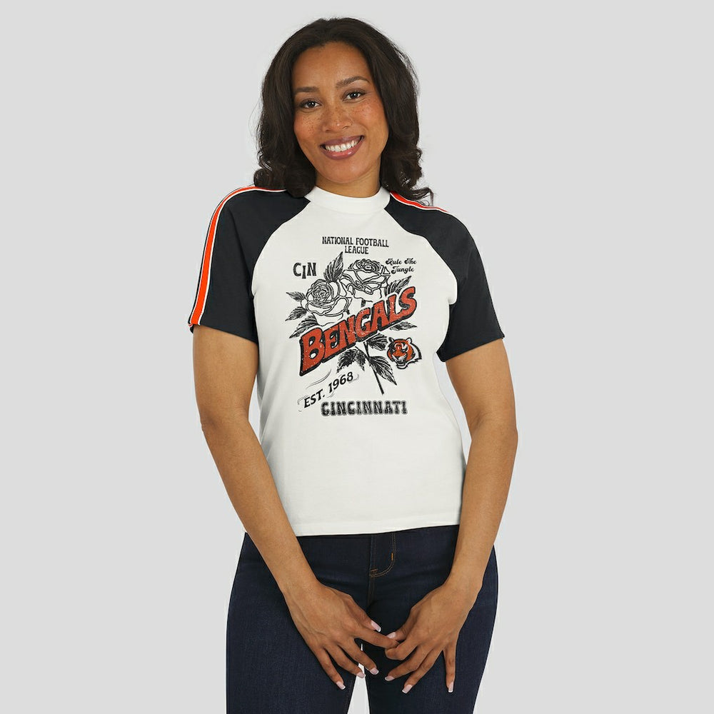 Cincinnati Bengals WEAR by Erin Andrews Women's Sleeve Stripe Distressed Raglan T-Shirt | NFL Sale