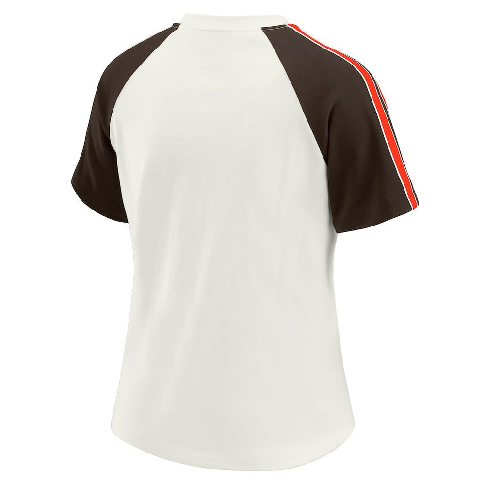 Cleveland Browns WEAR by Erin Andrews Women's Sleeve Stripe Distressed Raglan T-Shirt | NFL Near me