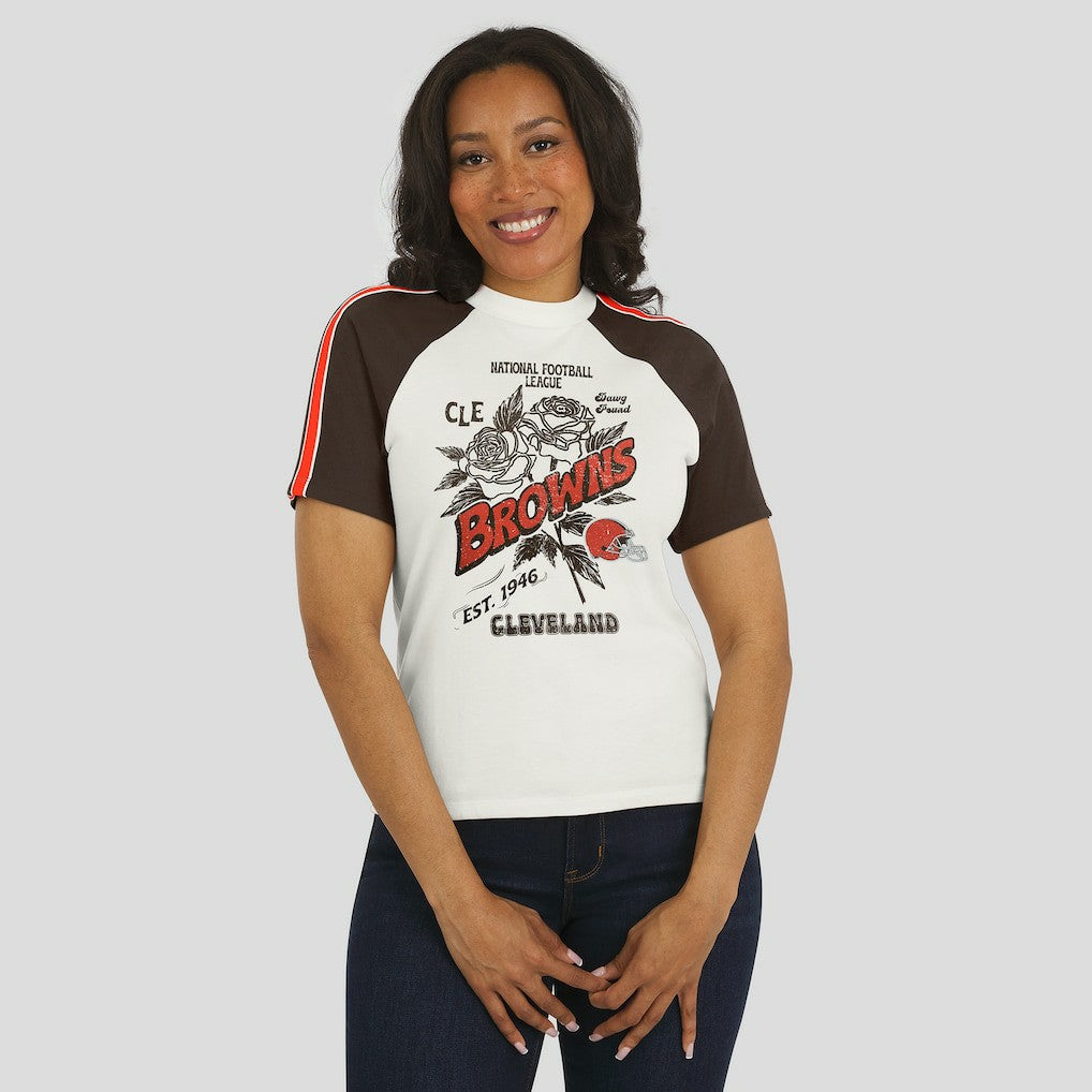 Cleveland Browns WEAR by Erin Andrews Women's Sleeve Stripe Distressed Raglan T-Shirt | NFL Near me