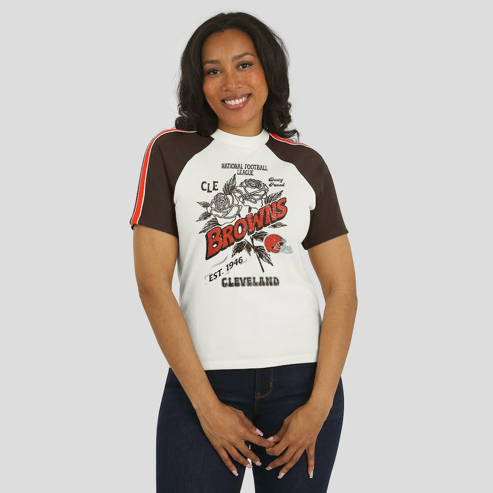 Cleveland Browns WEAR by Erin Andrews Women's Sleeve Stripe Distressed Raglan T-Shirt | NFL Near me
