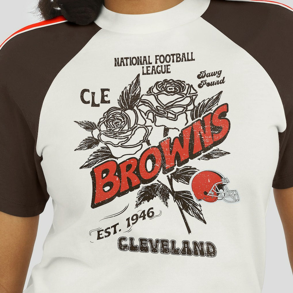 Cleveland Browns WEAR by Erin Andrews Women's Sleeve Stripe Distressed Raglan T-Shirt | NFL Near me