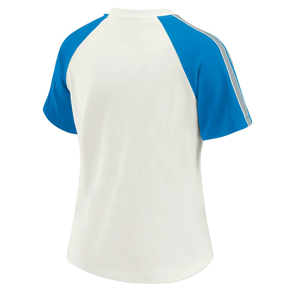 Detroit Lions WEAR by Erin Andrews Women's Sleeve Stripe Distressed Raglan T-Shirt | NFL Outlet