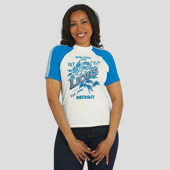 Detroit Lions WEAR by Erin Andrews Women's Sleeve Stripe Distressed Raglan T-Shirt | NFL Outlet