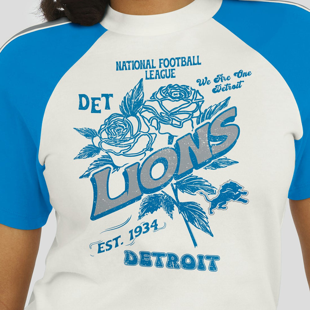 Detroit Lions WEAR by Erin Andrews Women's Sleeve Stripe Distressed Raglan T-Shirt | NFL Outlet