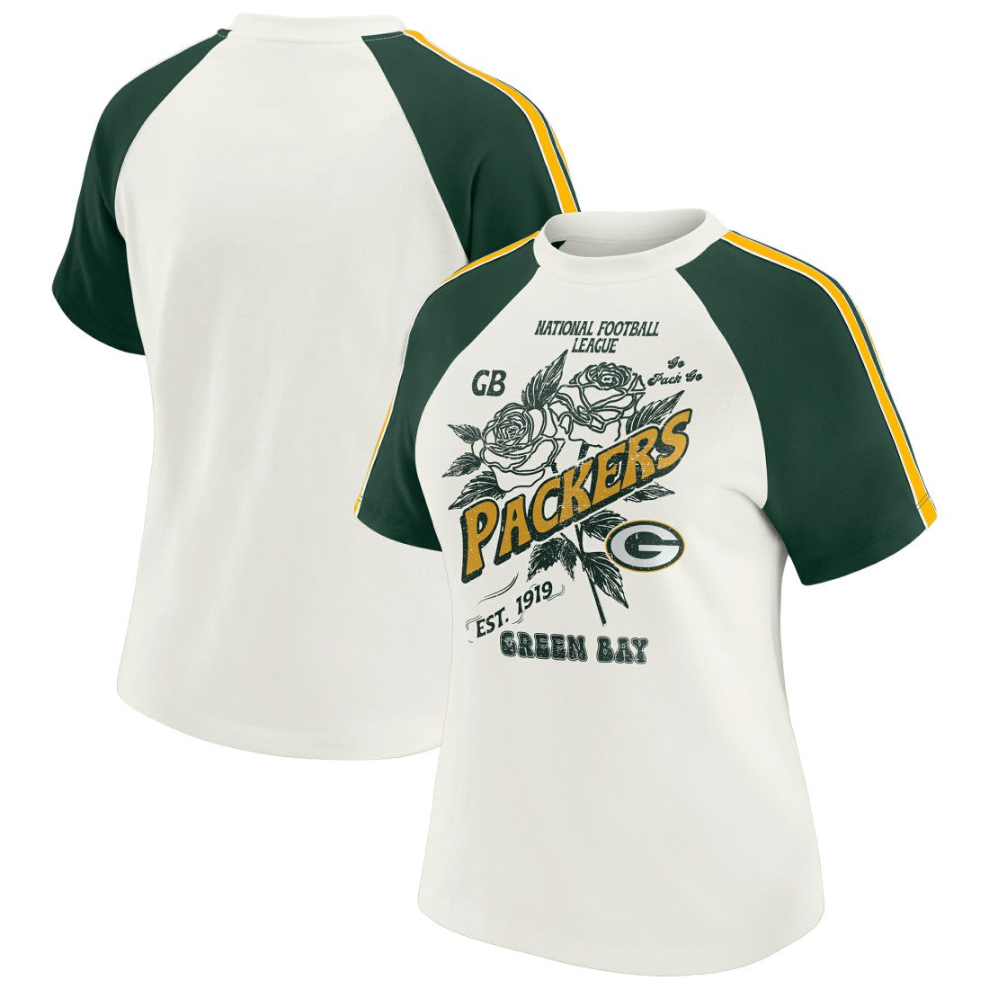 Green Bay Packers WEAR by Erin Andrews Women's Sleeve Stripe Distressed Raglan T-Shirt | NFL Discount