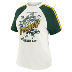 Green Bay Packers WEAR by Erin Andrews Women's Sleeve Stripe Distressed Raglan T-Shirt | NFL Discount
