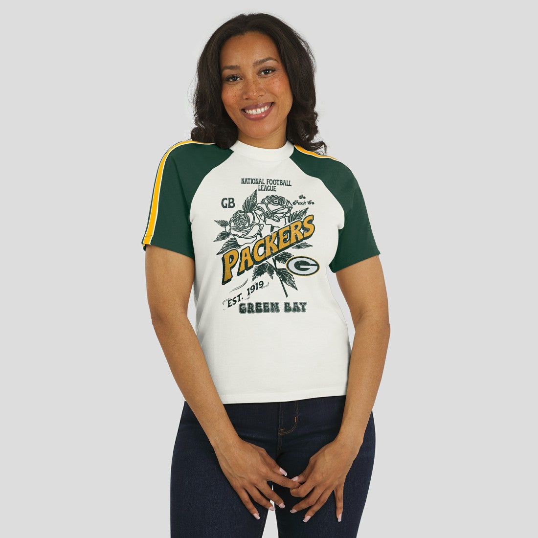 Green Bay Packers WEAR by Erin Andrews Women's Sleeve Stripe Distressed Raglan T-Shirt | NFL Discount