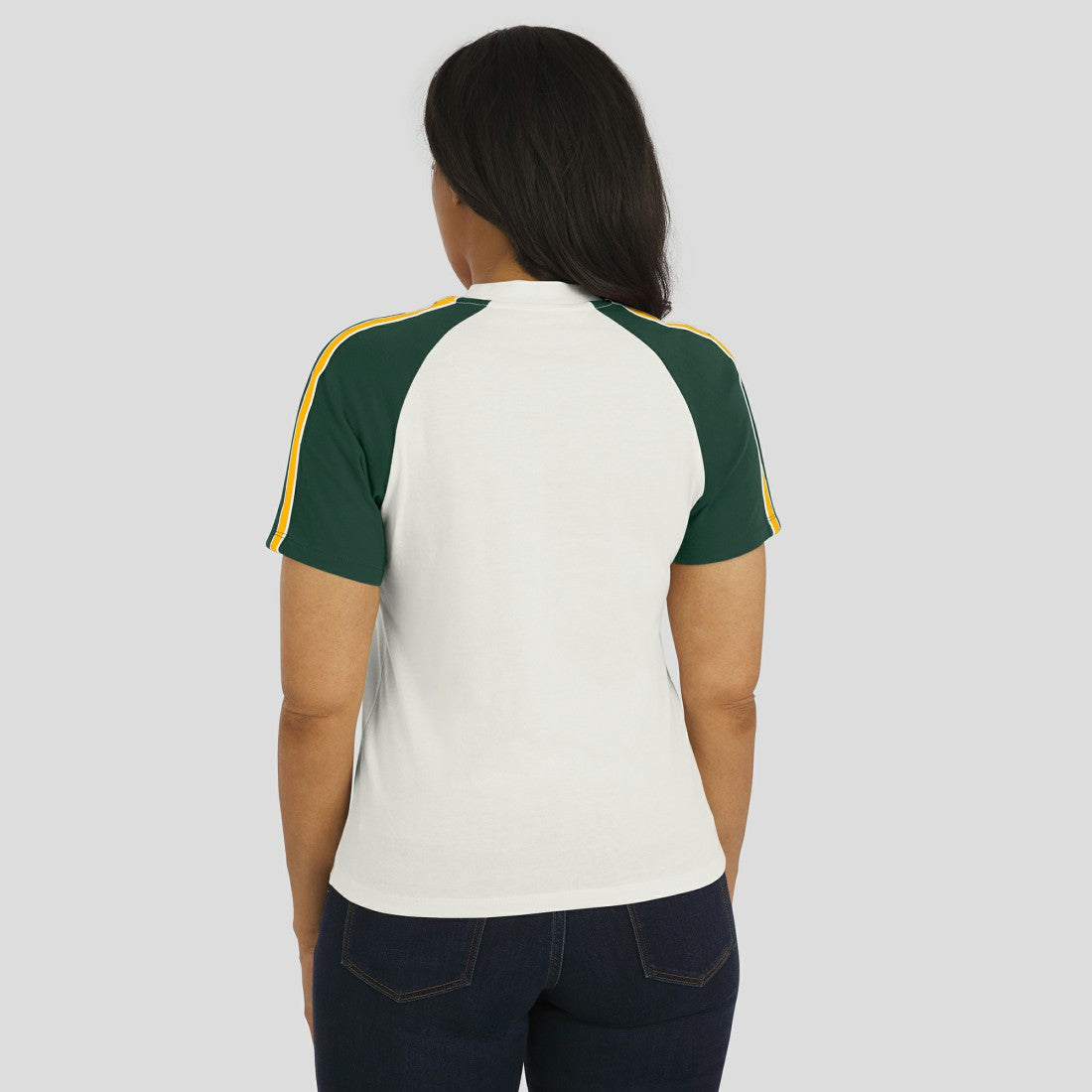 Green Bay Packers WEAR by Erin Andrews Women's Sleeve Stripe Distressed Raglan T-Shirt | NFL Discount