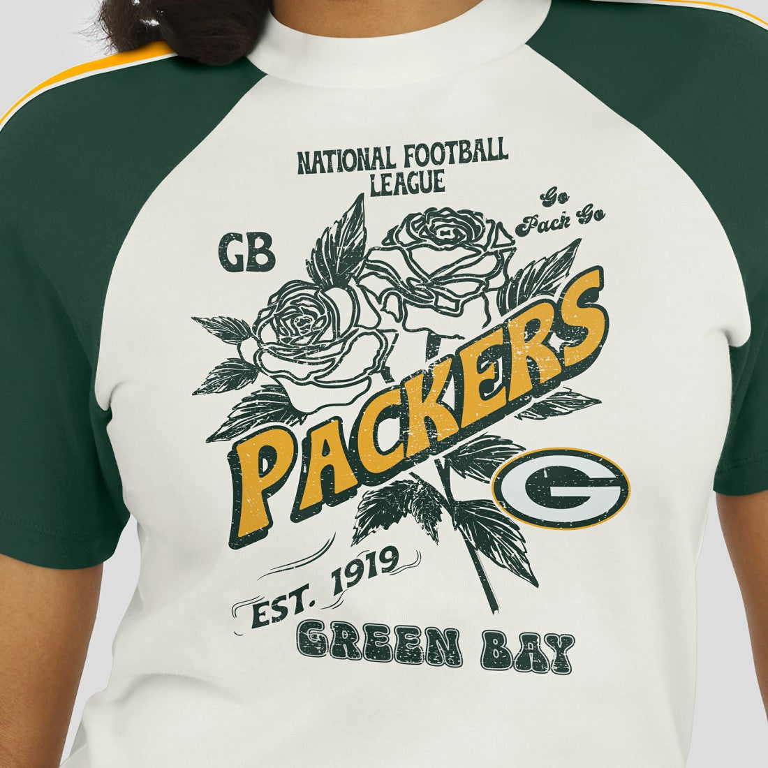 Green Bay Packers WEAR by Erin Andrews Women's Sleeve Stripe Distressed Raglan T-Shirt | NFL Discount