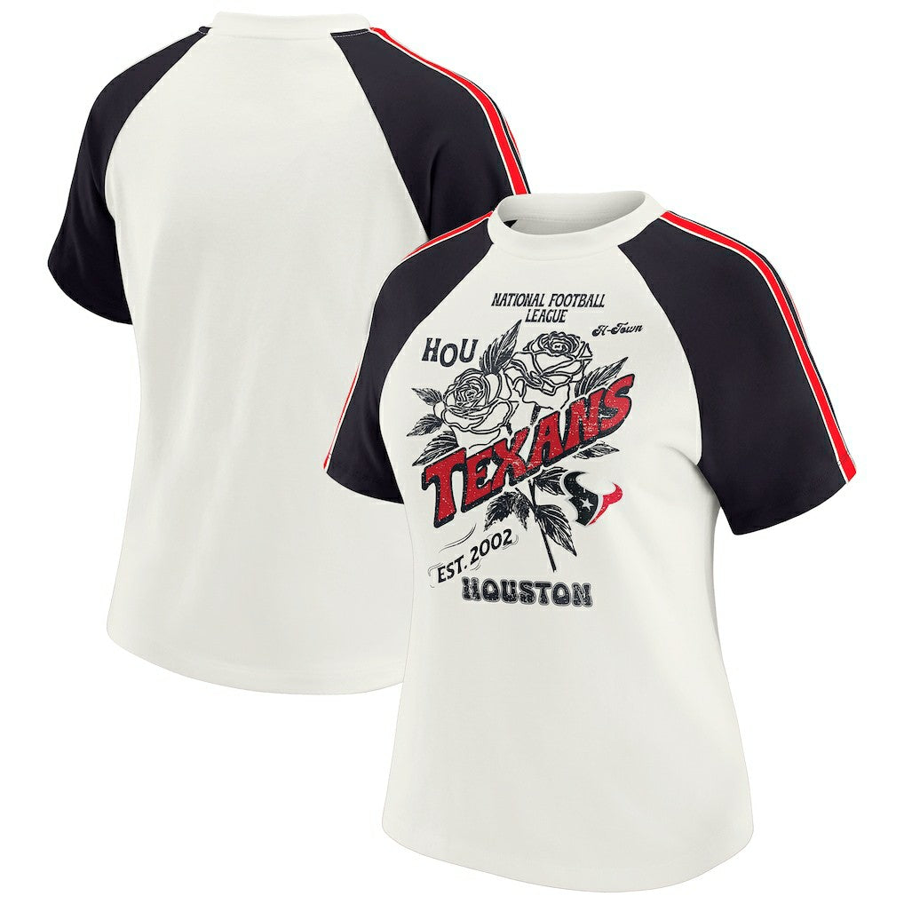 Houston Texans WEAR by Erin Andrews Women's Sleeve Stripe Distressed Raglan T-Shirt | NFL Discount