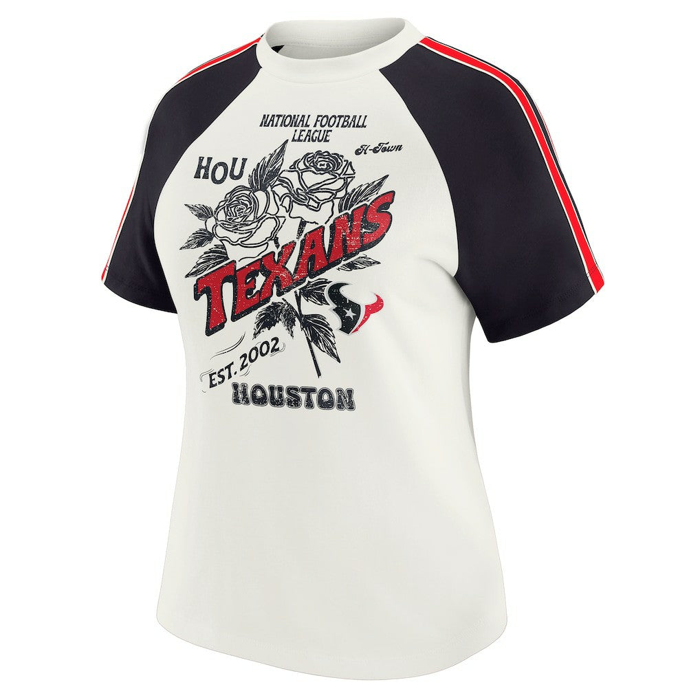 Houston Texans WEAR by Erin Andrews Women's Sleeve Stripe Distressed Raglan T-Shirt | NFL Discount