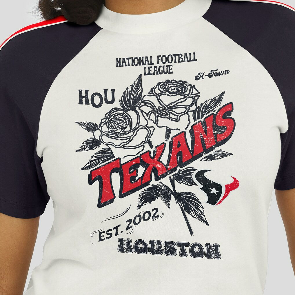 Houston Texans WEAR by Erin Andrews Women's Sleeve Stripe Distressed Raglan T-Shirt | NFL Discount