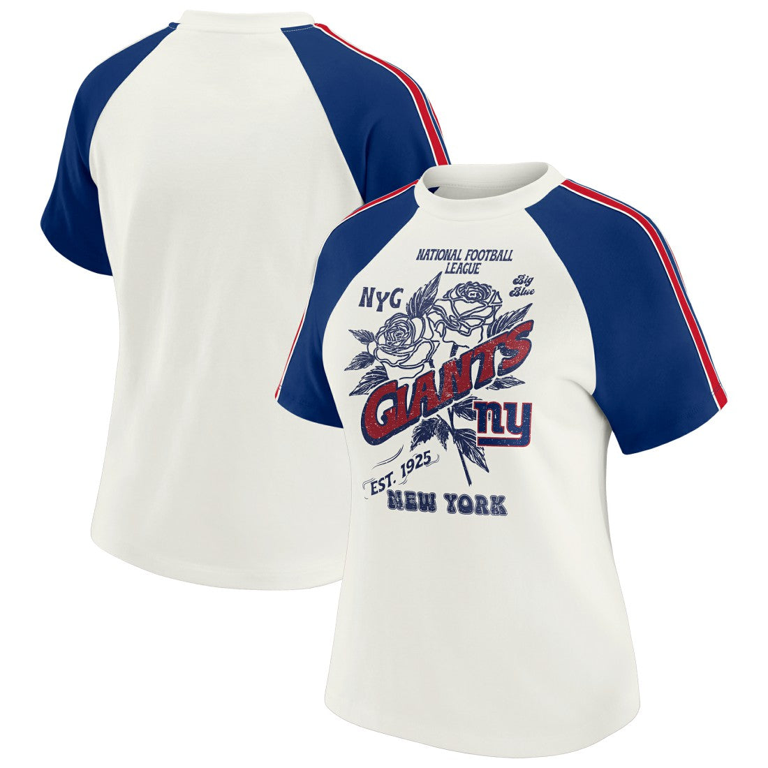 New York Giants WEAR by Erin Andrews Women's Sleeve Stripe Distressed Raglan T-Shirt | NFL Near me