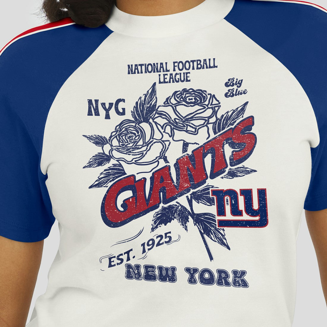 New York Giants WEAR by Erin Andrews Women's Sleeve Stripe Distressed Raglan T-Shirt | NFL Near me