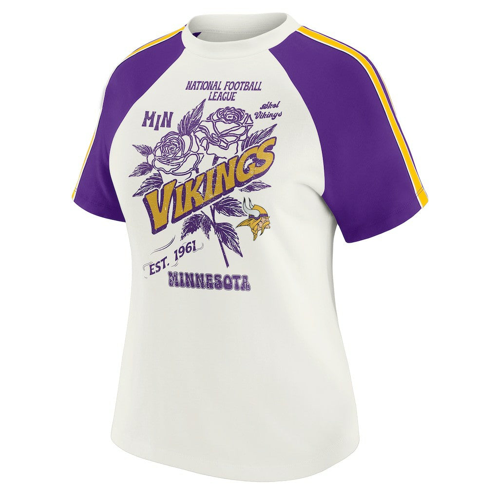 Minnesota Vikings WEAR by Erin Andrews Women's Sleeve Stripe Distressed Raglan T-Shirt | NFL US