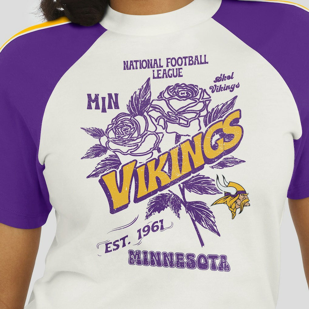 Minnesota Vikings WEAR by Erin Andrews Women's Sleeve Stripe Distressed Raglan T-Shirt | NFL US