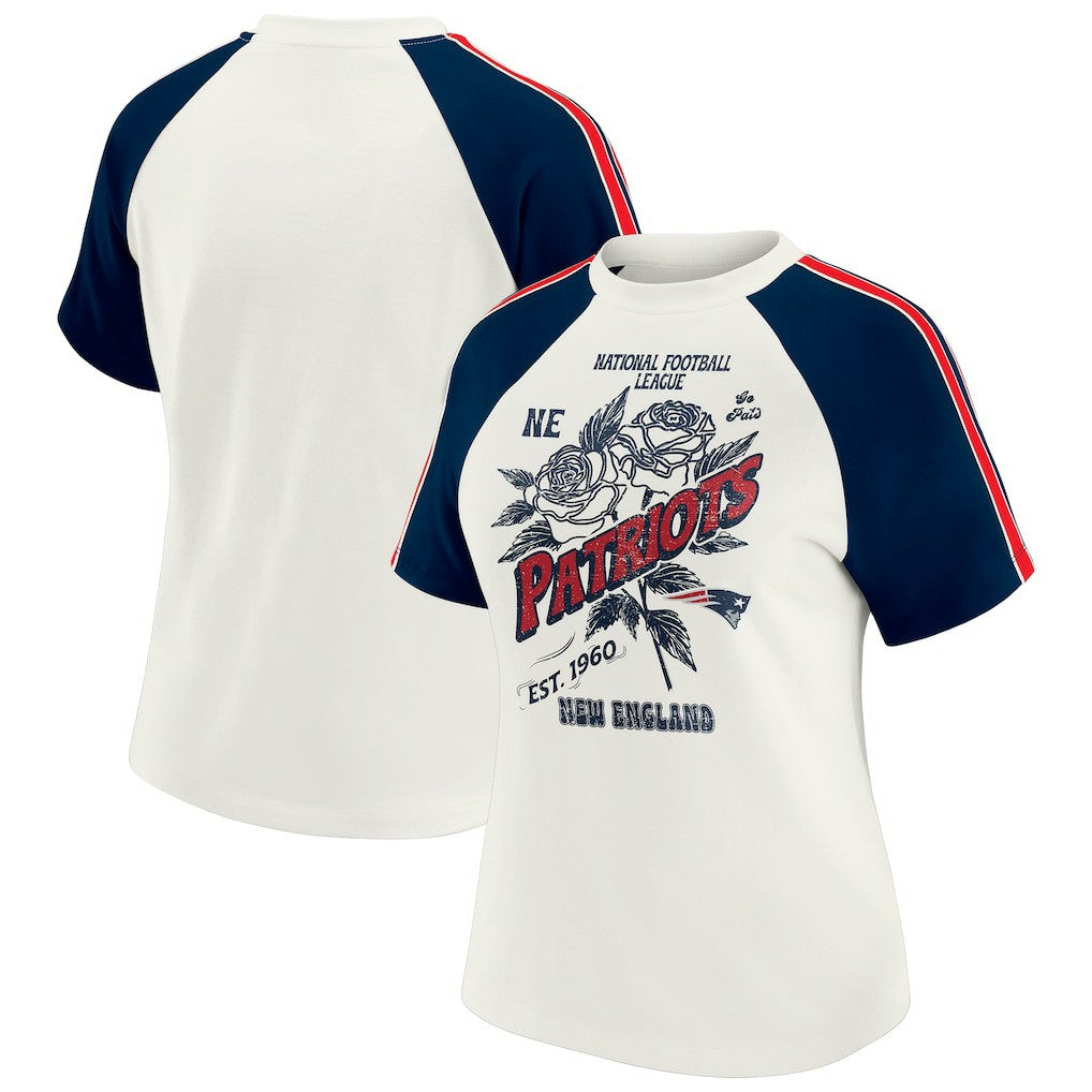 New England Patriots WEAR by Erin Andrews Women's Sleeve Stripe Distressed Raglan T-Shirt | NFL US