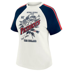 New England Patriots WEAR by Erin Andrews Women's Sleeve Stripe Distressed Raglan T-Shirt | NFL US