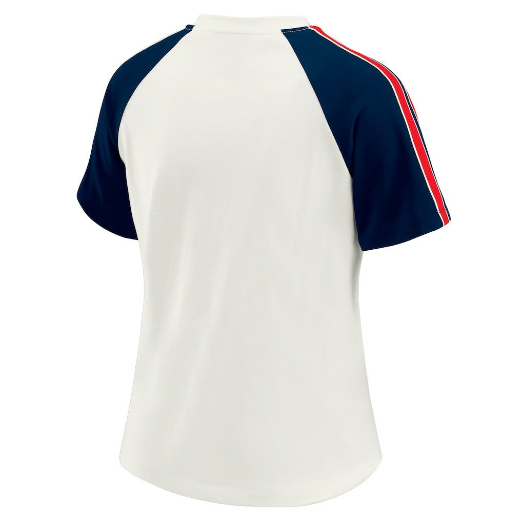 New England Patriots WEAR by Erin Andrews Women's Sleeve Stripe Distressed Raglan T-Shirt | NFL US