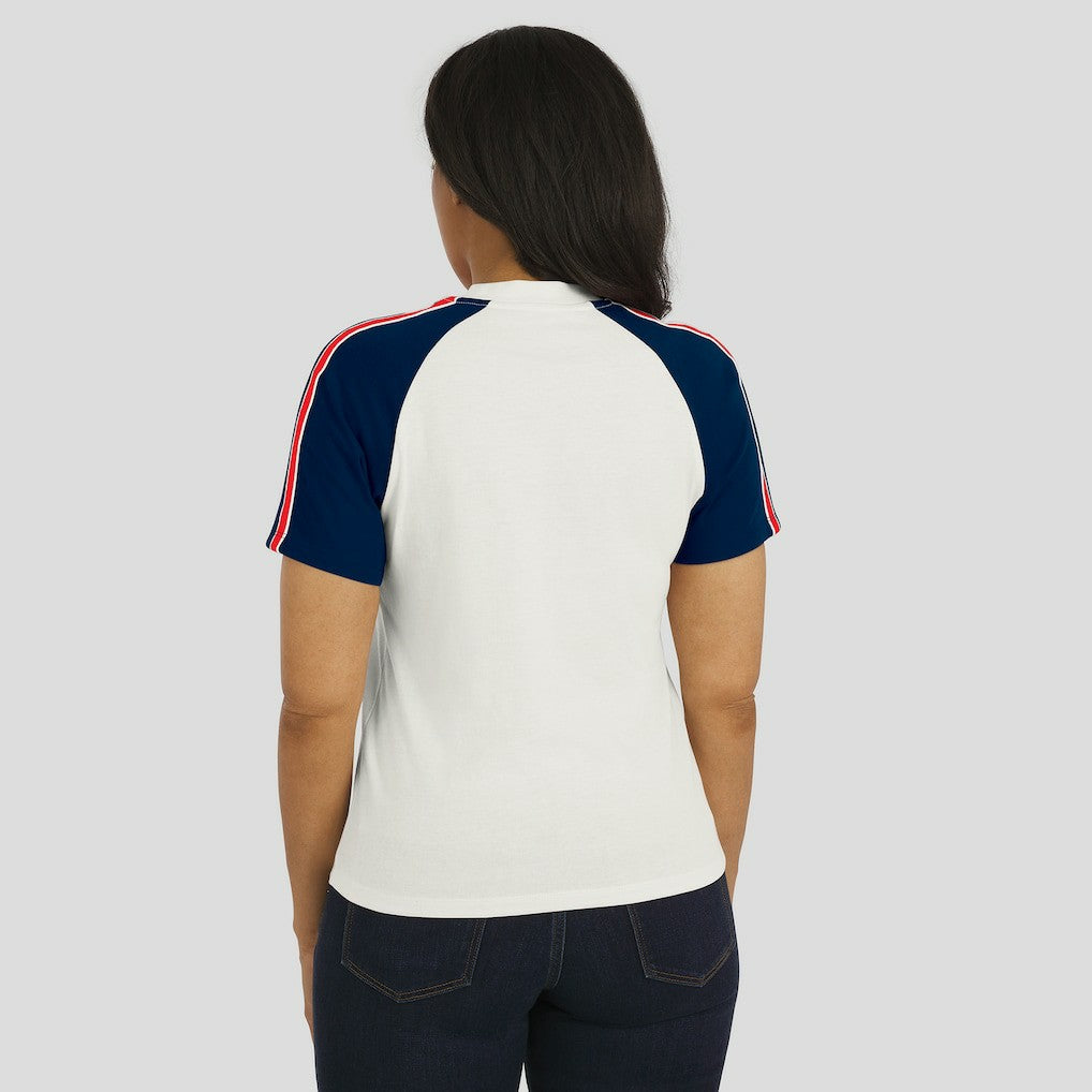 New England Patriots WEAR by Erin Andrews Women's Sleeve Stripe Distressed Raglan T-Shirt | NFL US