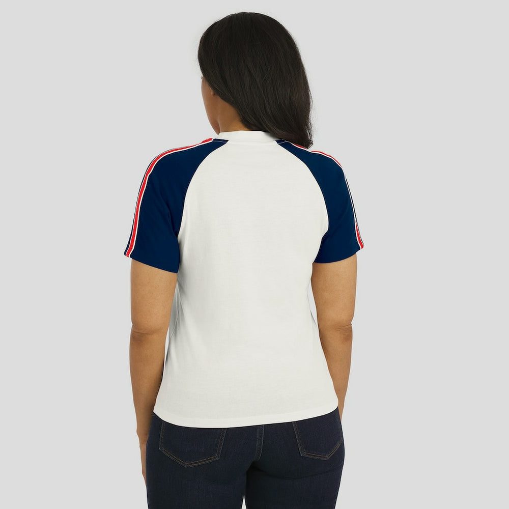 New England Patriots WEAR by Erin Andrews Women's Sleeve Stripe Distressed Raglan T-Shirt | NFL US