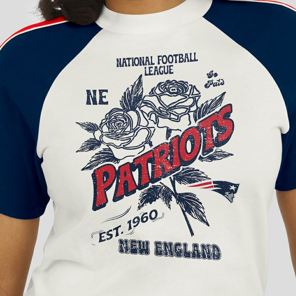 New England Patriots WEAR by Erin Andrews Women's Sleeve Stripe Distressed Raglan T-Shirt | NFL US