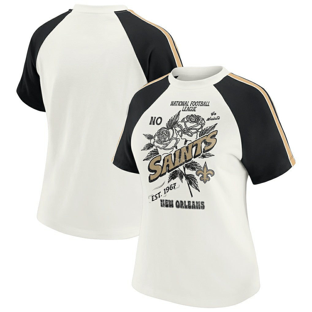 New Orleans Saints WEAR by Erin Andrews Women's Sleeve Stripe Distressed Raglan T-Shirt | NFL New