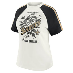 New Orleans Saints WEAR by Erin Andrews Women's Sleeve Stripe Distressed Raglan T-Shirt | NFL New