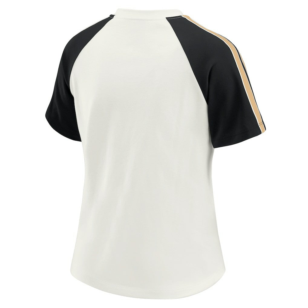 New Orleans Saints WEAR by Erin Andrews Women's Sleeve Stripe Distressed Raglan T-Shirt | NFL New