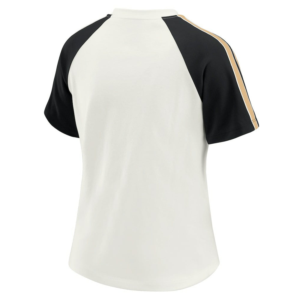 New Orleans Saints WEAR by Erin Andrews Women's Sleeve Stripe Distressed Raglan T-Shirt | NFL New
