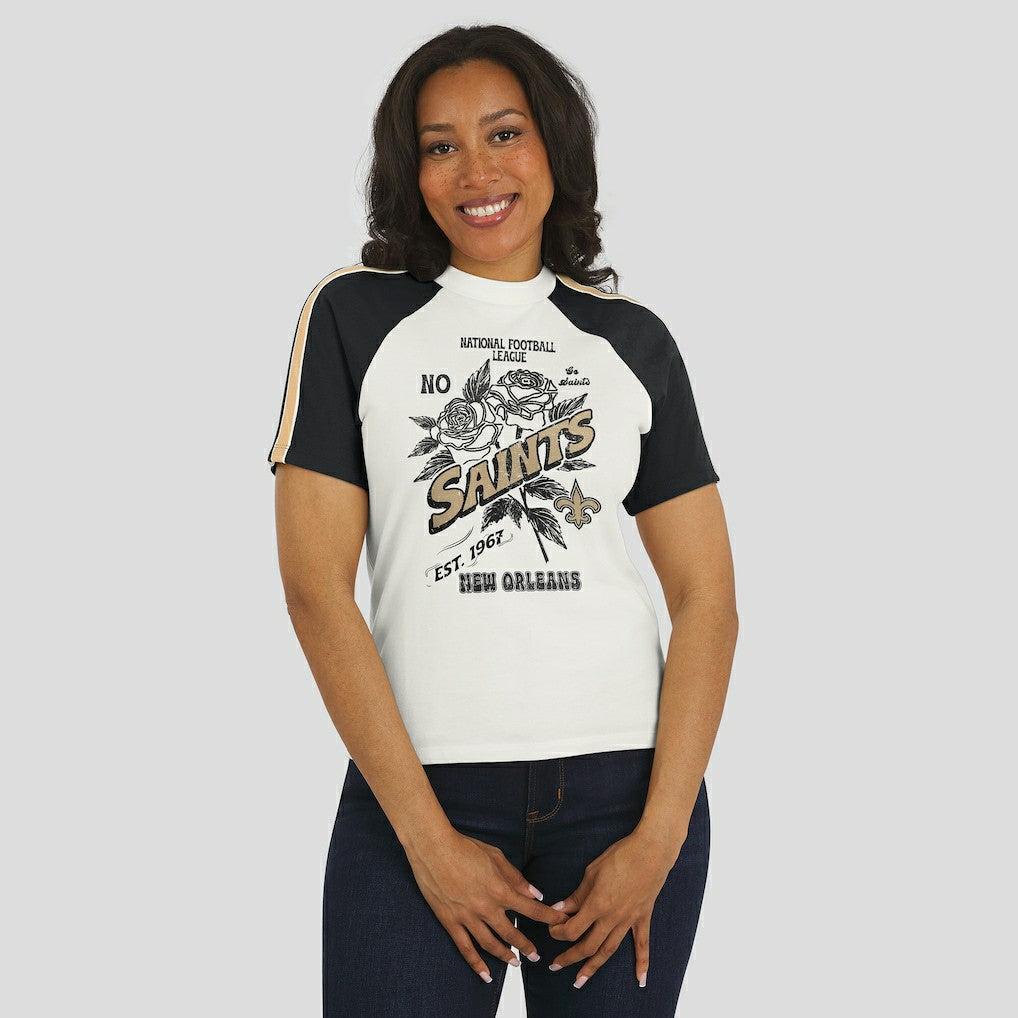 New Orleans Saints WEAR by Erin Andrews Women's Sleeve Stripe Distressed Raglan T-Shirt | NFL New