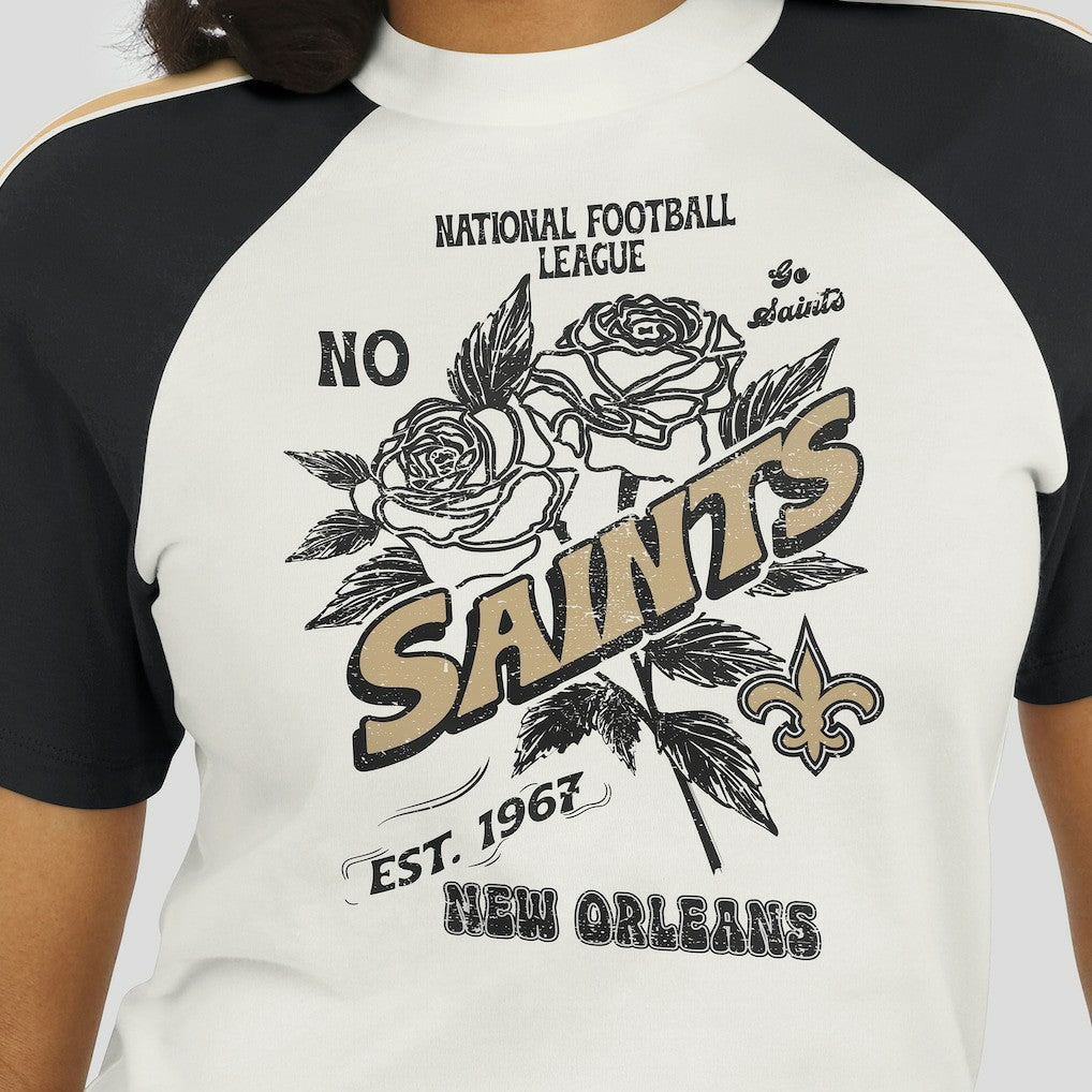 New Orleans Saints WEAR by Erin Andrews Women's Sleeve Stripe Distressed Raglan T-Shirt | NFL New