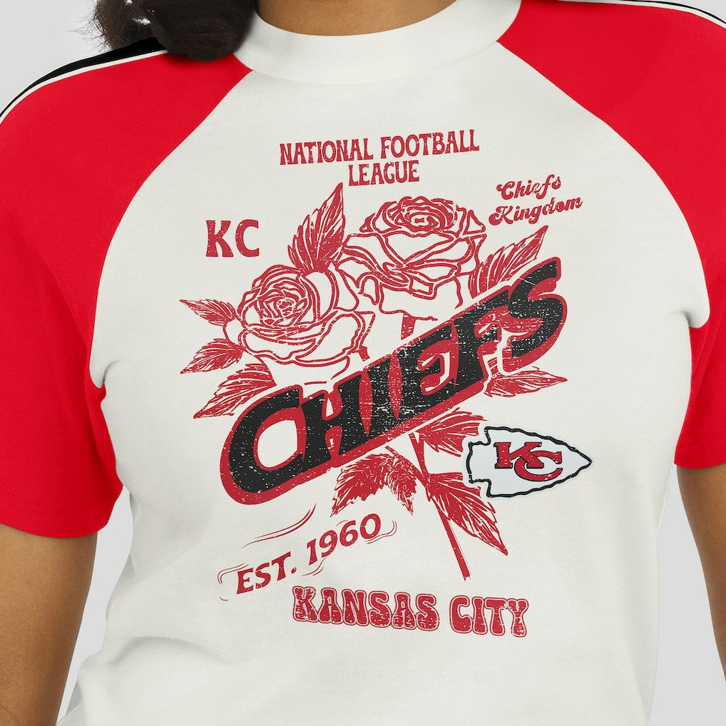 Kansas City Chiefs WEAR by Erin Andrews Women's Sleeve Stripe Distressed Raglan T-Shirt | NFL On sale