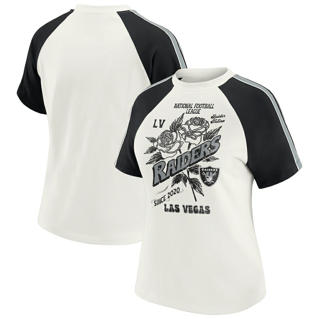 Las Vegas Raiders WEAR by Erin Andrews Women's Sleeve Stripe Distressed Raglan T-Shirt | NFL Near me