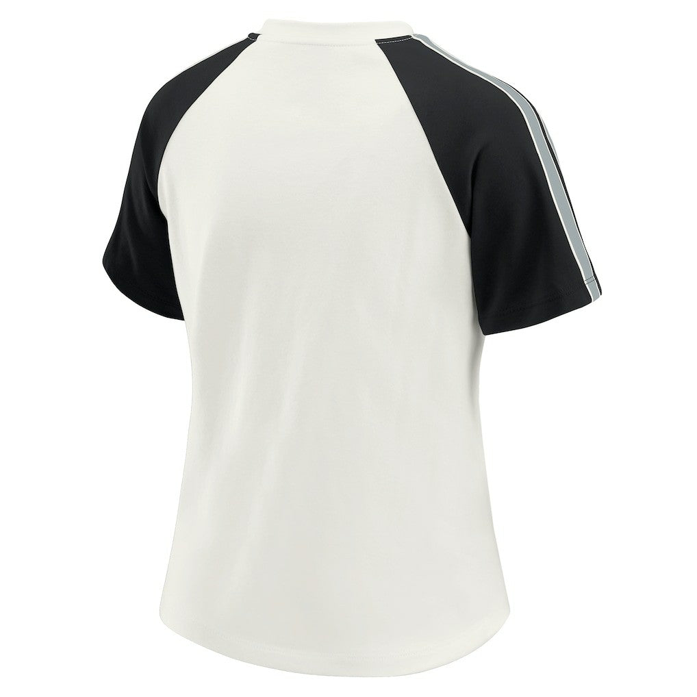 Las Vegas Raiders WEAR by Erin Andrews Women's Sleeve Stripe Distressed Raglan T-Shirt | NFL Near me