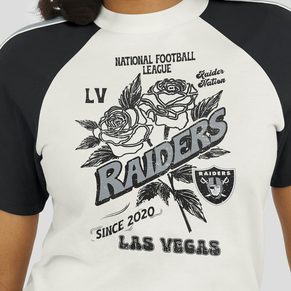 Las Vegas Raiders WEAR by Erin Andrews Women's Sleeve Stripe Distressed Raglan T-Shirt | NFL Near me