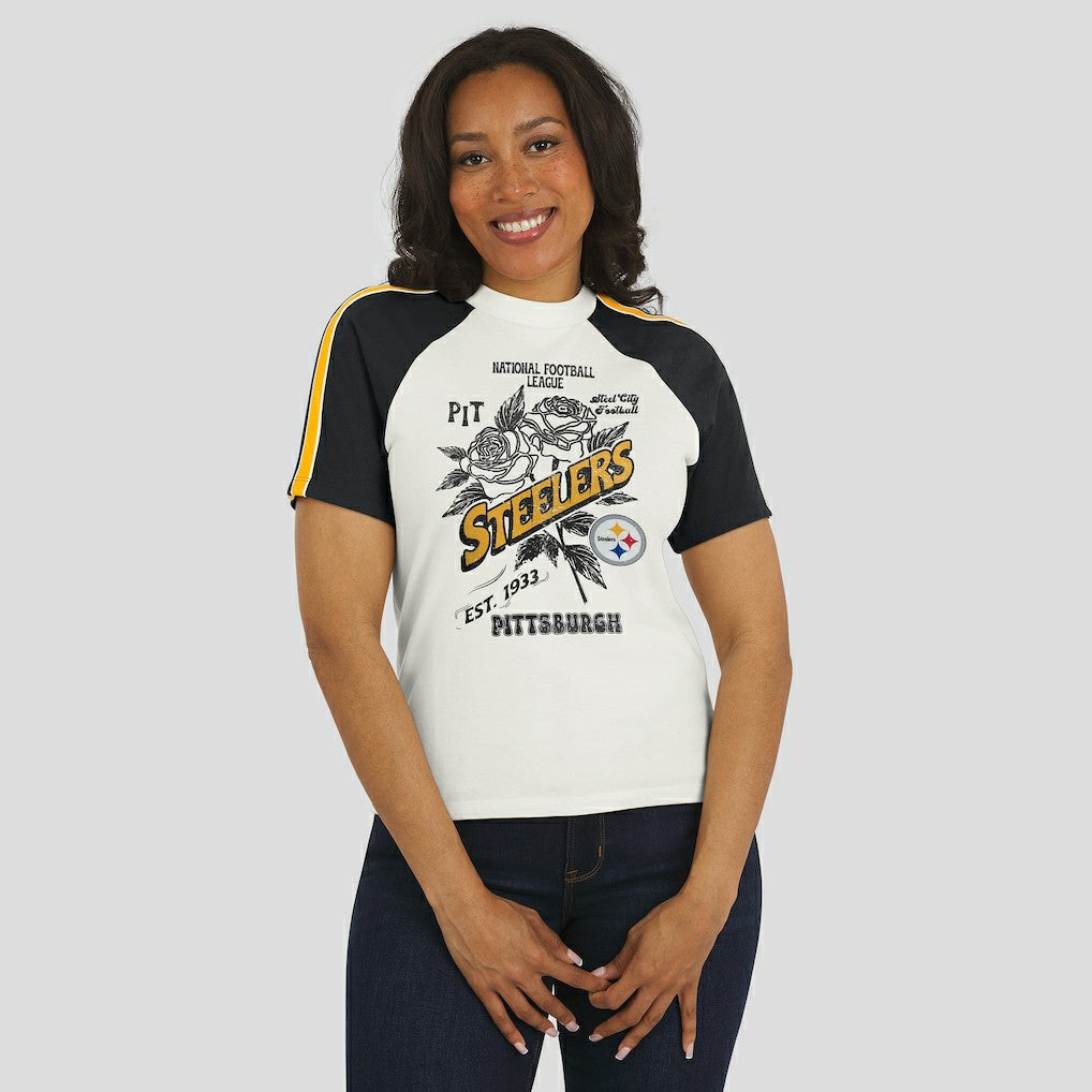 Pittsburgh Steelers WEAR by Erin Andrews Women's Sleeve Stripe Distressed Raglan T-Shirt | NFL New