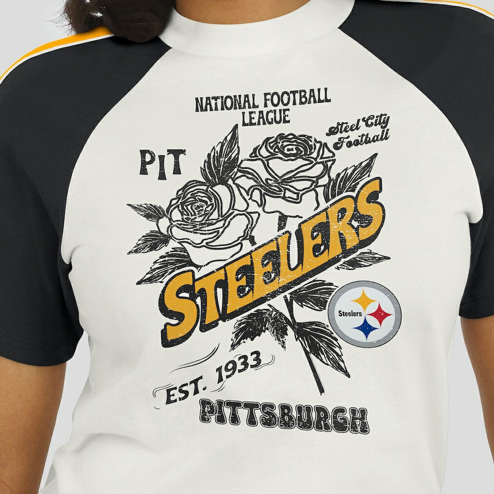 Pittsburgh Steelers WEAR by Erin Andrews Women's Sleeve Stripe Distressed Raglan T-Shirt | NFL New